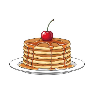 Bir tabağa istiflenmiş ve üzerine tek bir kiraz serpiştirilmiş, beyaz arkaplanda izole edilmiş kreplerin vektör çizimi