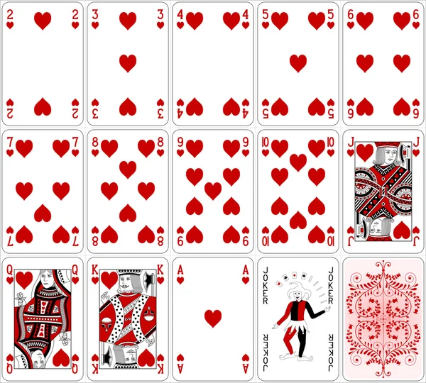 Poker carte cuore impostato due colori design classico — Vettoriale Stock