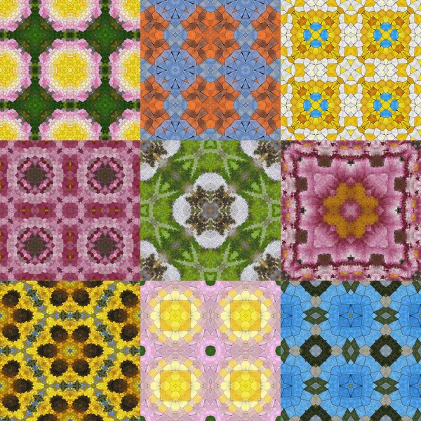 Reihe von Glasmosaiken kaleidoskopische nahtlos erzeugte Texturen — Stockfoto