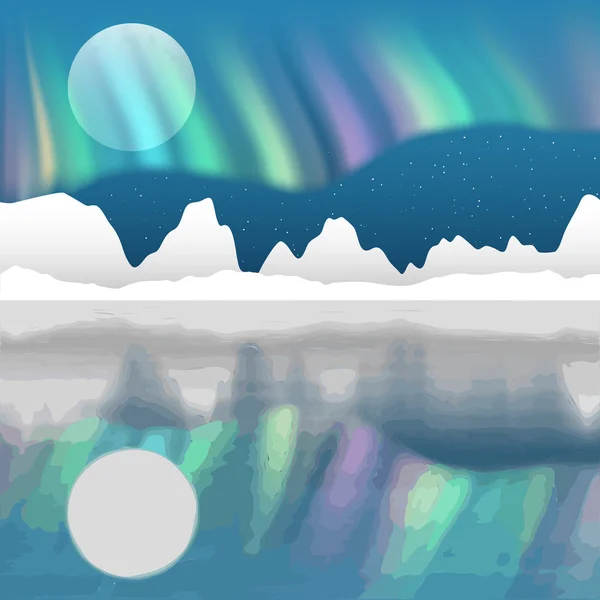 Paisaje polar ártico con aurora — Vector de stock