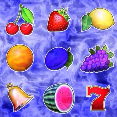 Slot machine fruits relief painting on generated marble texture clipart