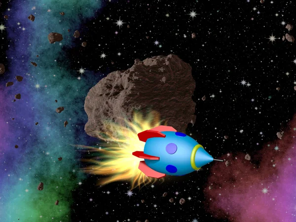 Raket i outerspace med asteroid — Stockfoto