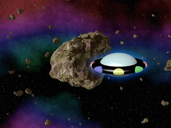 UFO w outerspace z asteroida — Zdjęcie stockowe