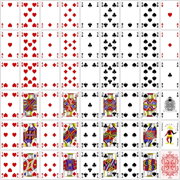 Juego completo de cartas de poker de cuatro colores de diseño clásico 400 dpi — Vector de stock