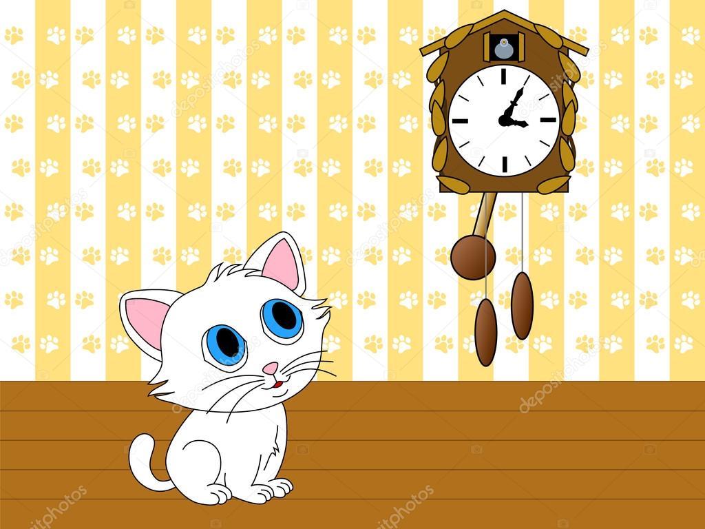 Kitten watching cuckoo clock