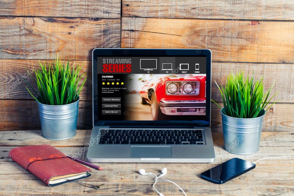 Streaming series app in a laptop computer. Watching tv series.