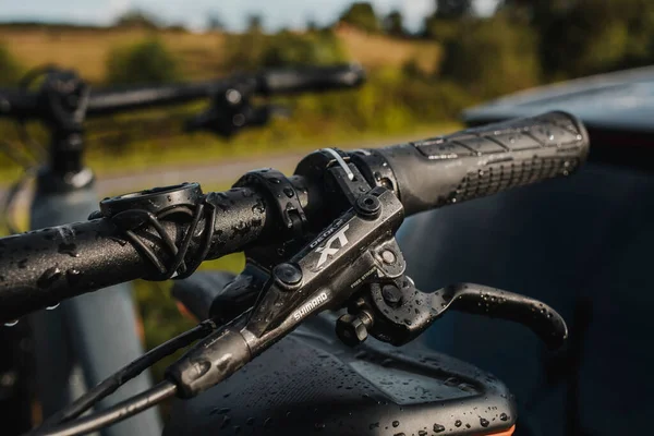 Asturias España Agosto 2020 Acercamiento Palanca Freno Bicicleta Montaña Shimano —  Fotos de Stock