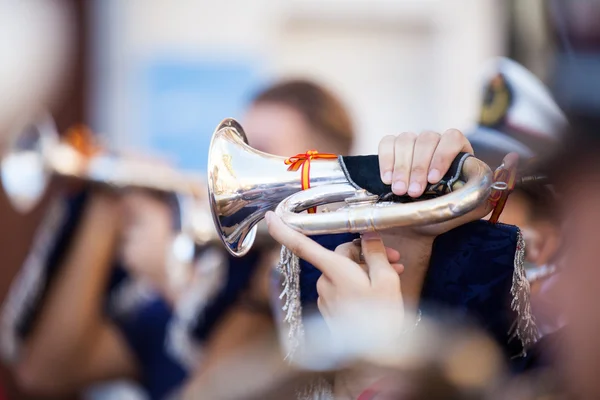 Detail of cornet being played during concert. Close up. — Stock Photo, Image