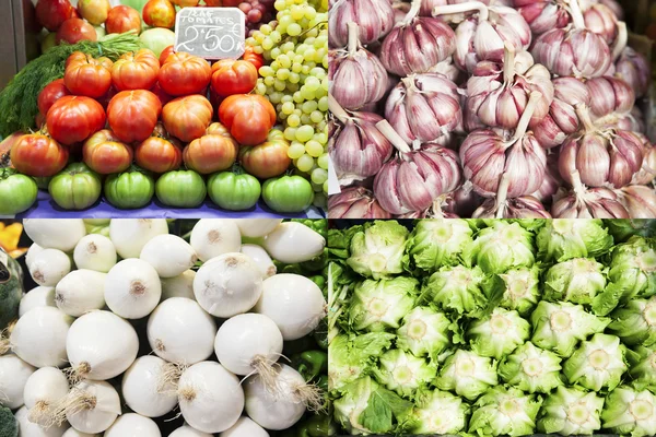 Domates, sarımsak, soğan ve marul Market. — Stok fotoğraf