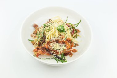 Spaghetti soft shell crab and cheese in white plate on white background