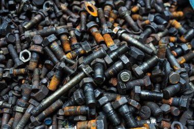 Macro shot of a set of  old rusty bolts and nuts Rusty