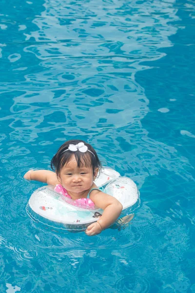 Asian Baby Eight Months Swimming Swim Ring Pool Summer Day — Zdjęcie stockowe