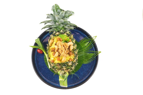 Thai Fried Rice Seafood Pineapple Isolated Blue Plate — Stock Photo, Image
