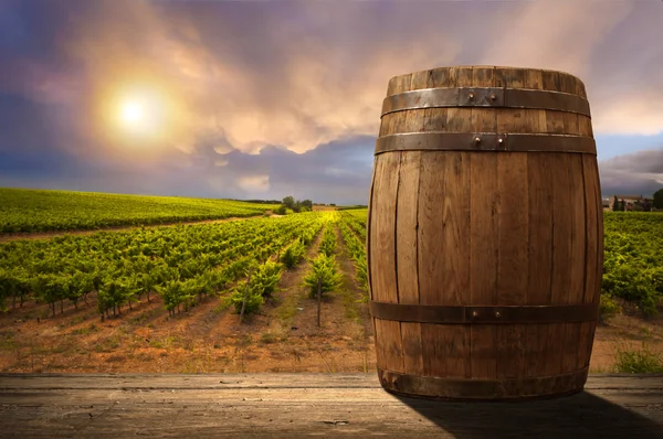 Rode wijn met vat op wijngaard in het groene Toscane, Italië — Stockfoto