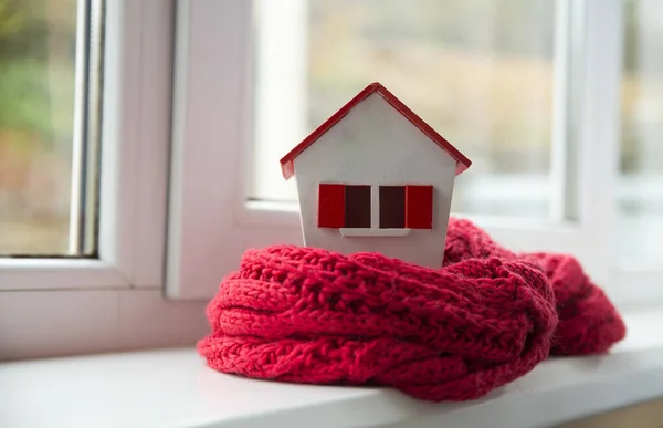Scarf Miniature Green House Conceptual View Protecting Isolating House — Stock Photo, Image