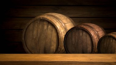 fıçının arka planı ve aşınmış eski ahşap masa