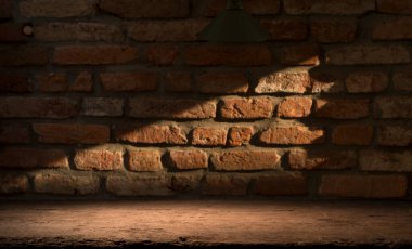 Seçili odak boş kahverengi ahşap masa ve duvar dokusu veya eski siyah tuğla duvar arkaplan bulanık görüntüsü. Fotomontaj ya da ürün gösterimi için