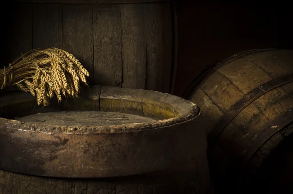 Natureza morta com um barril de cerveja e lúpulo. — Fotografia de Stock