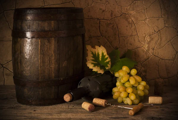 Rött vin flaska och kvalité tunnan, vingård på bakgrund — Stockfoto