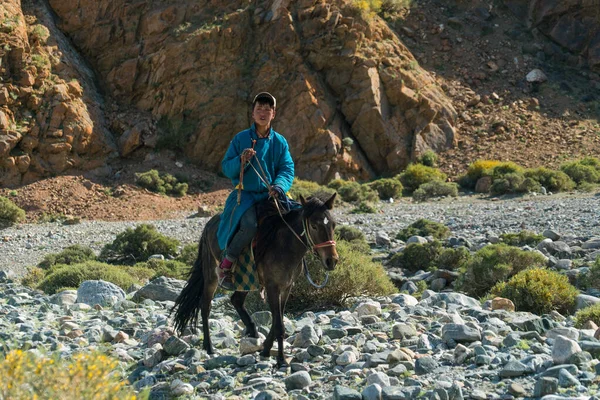 Moğolistan, Gobi, 19 sep 2019-Moğol gençliği ulusal kıyafetli bir at üzerinde