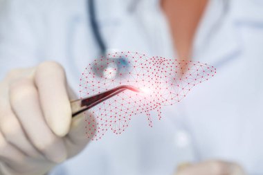 Doktor bulanık bir arka planda karaciğerin hologramını inceliyor..