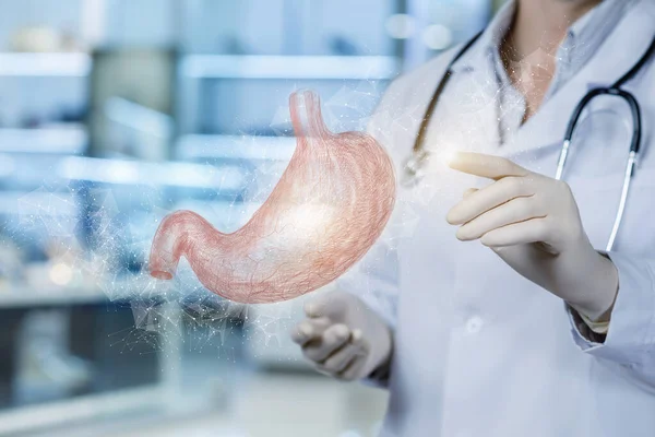 Diagnostický Koncept Léčby Pacientů Doktor Ukazuje Náčrt Žaludku Virtuální Obrazovce — Stock fotografie