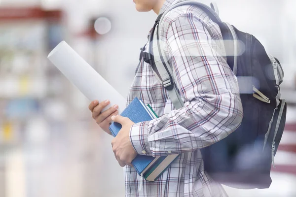 Student Textbooks Drawings Stands Blurred Background — Stock Photo, Image