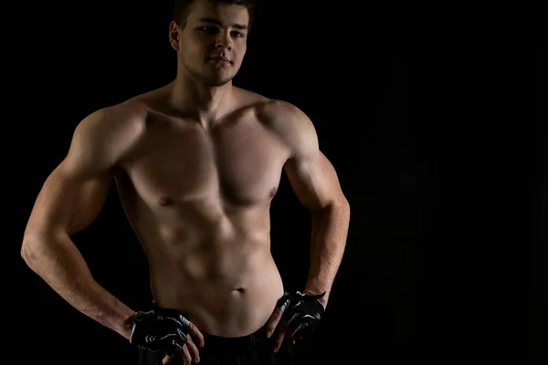 Young Athlete Stands Naked Torso Black Background — Stock Photo, Image