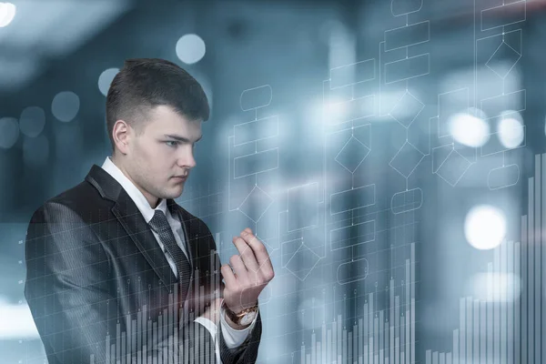 Business Man Looks Program Algorithm Reflects Blurred Background — Stock Photo, Image