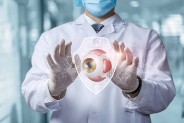 Doktor bulanık bir arka planda kalkan tarafından korunan bir göz modeli gösteriyor..