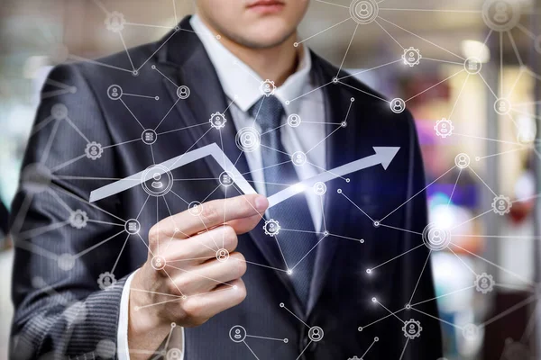 Business Man Shows Arrow Profit Growth Network Virtual Screen Background — Stock Photo, Image