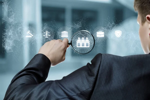 Lawyer Examining Virtual Computer Screen Magnifier — Stock Photo, Image