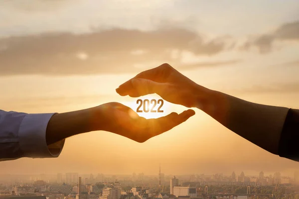 Hands Protect New 2022 Background City — Stock Photo, Image