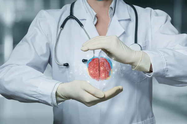 Концепция Защиты Мозга Пациента Врач Защищает Мозг Жестом — стоковое фото