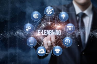 İnternetteki e-öğrenme kavramları. Takım elbiseli bir adam ağ geçmişinde e-öğrenim yapıyor..