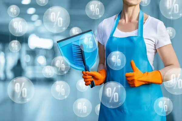 Concept Discounts Cleaning Services Cleaning Lady Background Flying Bubbles Percent — Stock Photo, Image