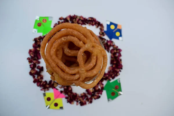 Plato Dulce Popular Jalebi Arado Durante Festival Cometas Indio Uttarayan —  Fotos de Stock