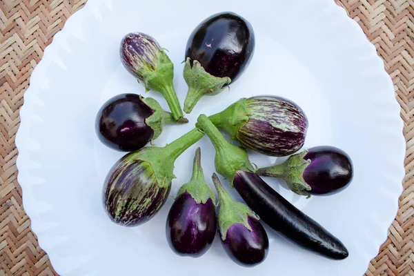 Három Különböző Típusú Brinjals Nevezik Padlizsán Padlizsán Sötét Lila Különböző — Stock Fotó