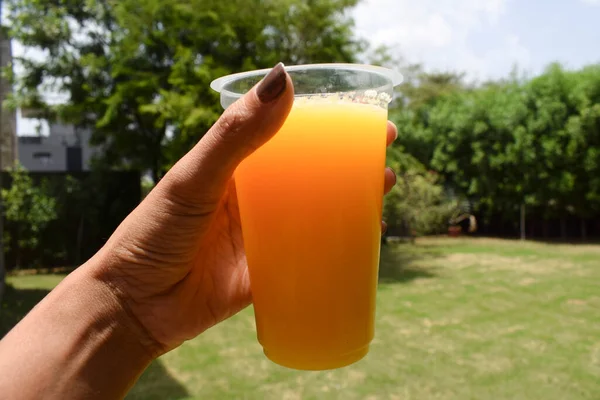 Female Holding Transparent Glass Orange Juice Malta Juice Fresh Background — Stock Photo, Image