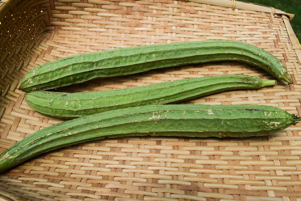 Verduras Cabaça Cumeeira Longas Finas Fundo Amarelo Vegetais Indianos Sudeste — Fotografia de Stock
