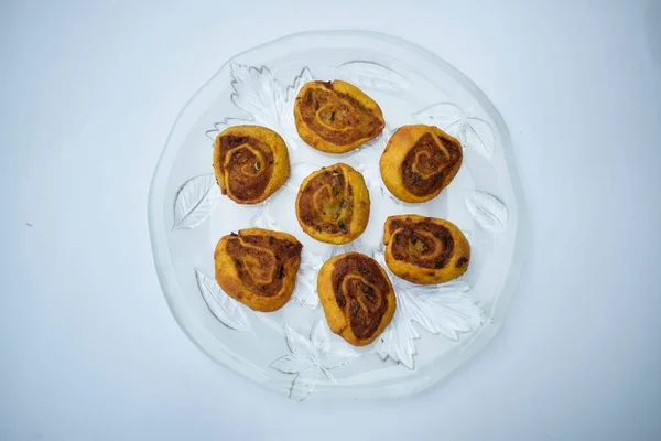 Top View Indian Traditional Spicy Snack Bhakarwadi Also Known Bakarwadi — стокове фото
