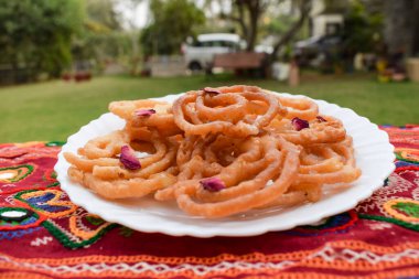 Popüler ve geleneksel tatlı yemek Jalebi ya da kahve kabında kızartılmış gül yapraklarıyla süslenmiş açık hava ve doğa arka planlı.