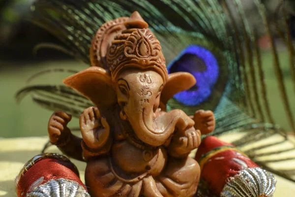 Beautiful Lord Ganesha Idol Worshipped Ganesh Chaturthi Festival Peacock Feather — Stock Photo, Image
