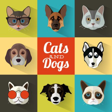 set düz tasarımı - kedi ve köpekler hayvan portresi