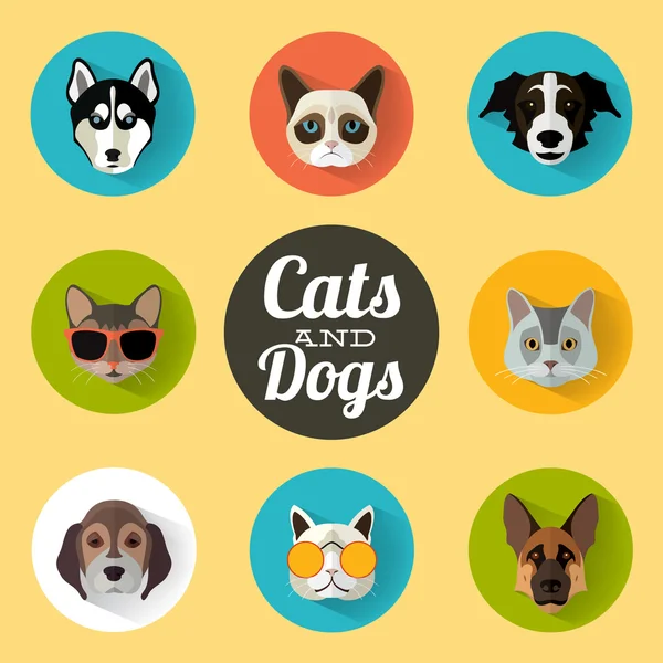 Animal Portrait Set with Flat Design - Cats and Dogs — Stock Vector