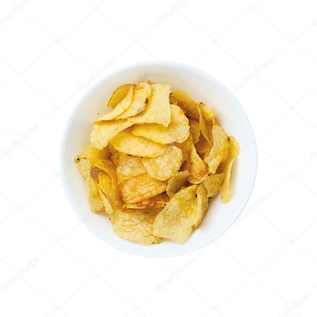 Potato chips bowl isolated on white