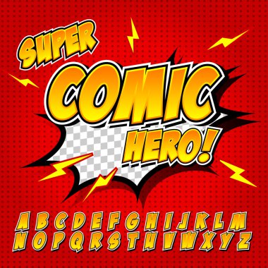 Komik alfabe seti. Harfler, çocukların illüstrasyonlar, Web siteleri, çizgi roman, afiş.