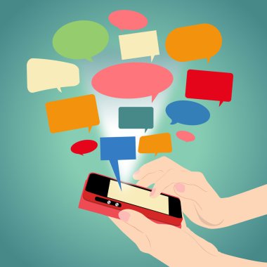 Akıllı telefon elinde kağıt konuşma balonu.