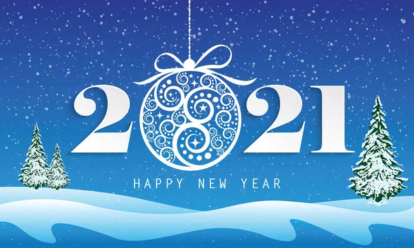 Bonne Année 2021 Avec Belle Boule Noël Sur Décor Enneigé — Image vectorielle