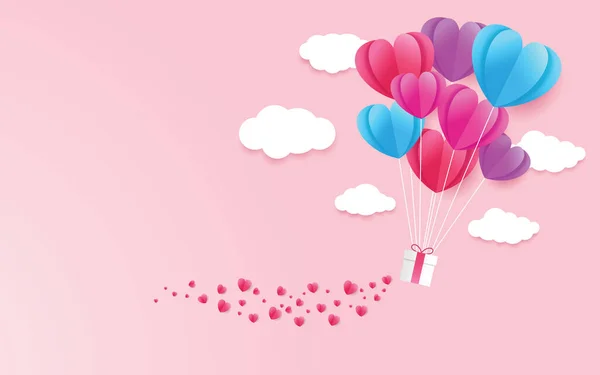 Illusztrálja Szeretet Valentin Nap Szív Lufi Ajándék Felhők Papírvágás Stílusban — Stock Vector